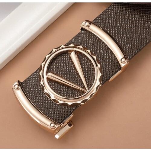 Brown V Letter Leather Automatic Buckle Belt Mens Casual Designer Belt Boy Fashion High-Quality Belt