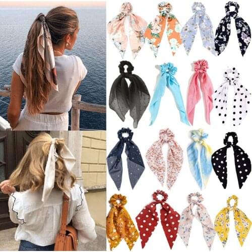 Fashion Printing Long Scarf Ribbons Scrunchie For Women Hair Accessories Elegant Bow Tie Ponytail Holder Girl Elastic Hair Bands