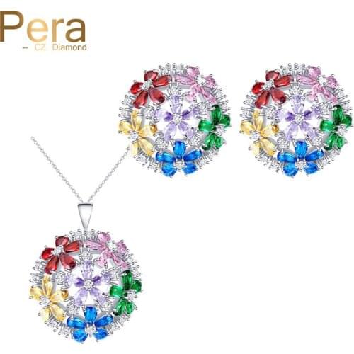 Pera Glittering CZ Stone Round Flower Shape Cubic Zirconia Big Multicolored Women Earrings And Necklace Jewelry Set J235