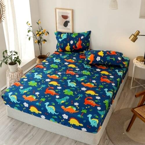 Cartoon Dinosaur Car Printing Fitted Sheet Mattress Cover Bed Sheet with Elastic Bed Linens Bedclothes for Children Kids 4 Sizes