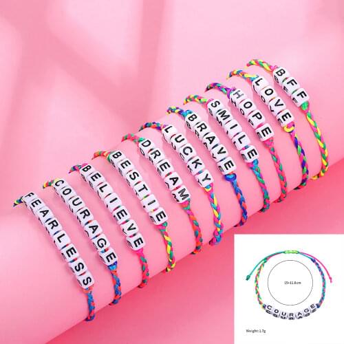 2021 New Cute Children Colorful Rope Chain Letters Positive Energy English Words Candy Color Acrylic Charm Bracelet DIY Gifts