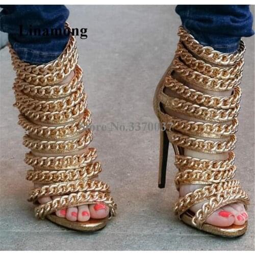 Women Charming Fashion Open Toe Gold Chains Stiletto Heel Gladiator Sandals Back Zipper-up High Heel Sandals Dress Shoes Heels