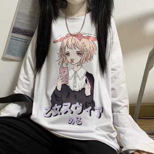 Autumn New Harajuku Style Couple T-shirt Two-dimensional Cartoon Printing Long-sleeved T-shirt Women Loose Bottoming Shirt Top