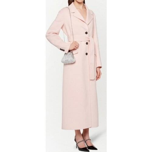 X-Long Coat For Women New Autumn Winter Simple Single Breasted Light Pink With Sashes Imitation Cashmere Straight Overcoat