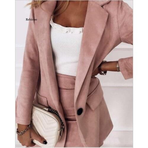 Elegant women chic button blazer office ladies pocket jackets casual female slim notched suits solid pink girls chic sets