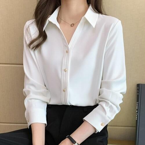 QOERLIN High Quality Satin Shirt Womens Loose Long Sleeve Temperament OL Formal White Shirt Metal Button Fashion Chiffon Shirt