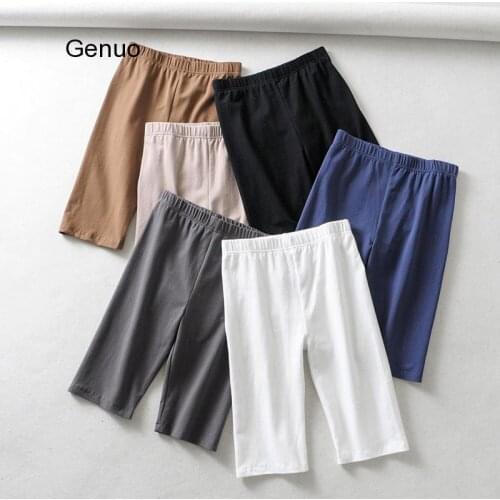 Sexy women cotton high waist elastic pure color slim Knee-Length bike shorts female