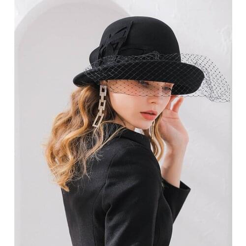 Fibonacci Hats Retro Wool Felt Fedora Hat Women Black Red Bow Floral Fedoras Bowler Elegant Winter Cloche Church Ladies Cap