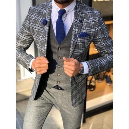 Wedding Tuxedos Vintage Fit Formal Best Man Suits Groom Wear Mens Tweed 3 Piece Suits (Jacket+Pants+vest)