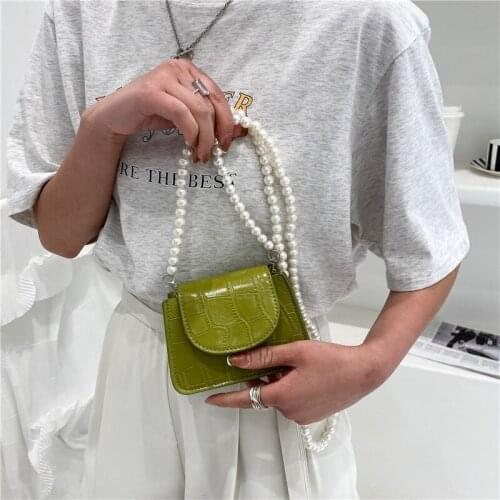 Vintage Women PU Leather Alligator Pattern Shoulder Crossbody Messenger Bag Casual Ladies Pearl Chain Solid Color Mini Handbags