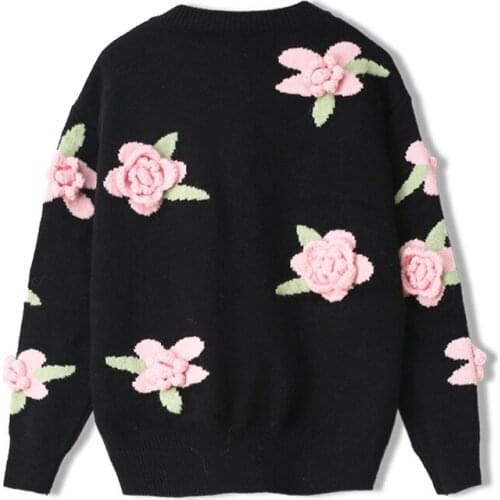 Vintage Fashion Luxury 3D Floral Embroidery Autumn Winter Knitting Cardigans Coat Women Black O-Neck Jacquard Femmes Sweater Top