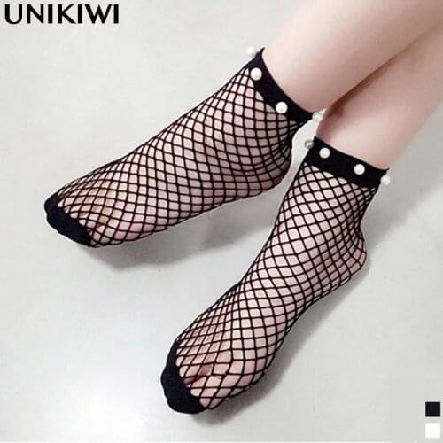 Chic Streetwear Womens Harajuku Breathable Imitation Pearl Fishnet Socks.Sexy Hollow out Nets Socks Ladies Mesh Sox Hosiery
