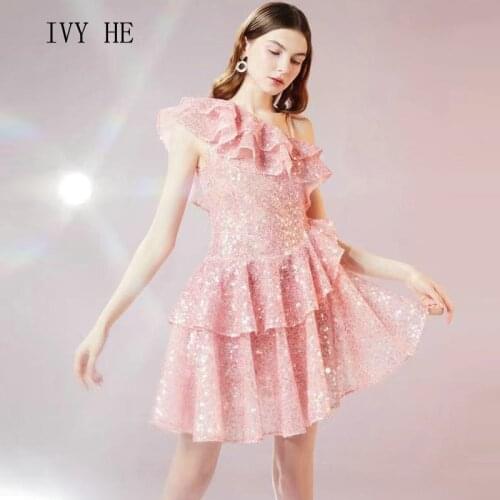 IVY HE High Quality Summer Dress Woman Clothing Fashion Sexy Pink Sequins Charming Midi Petal Dress Traf Robe ZA Party Dresses