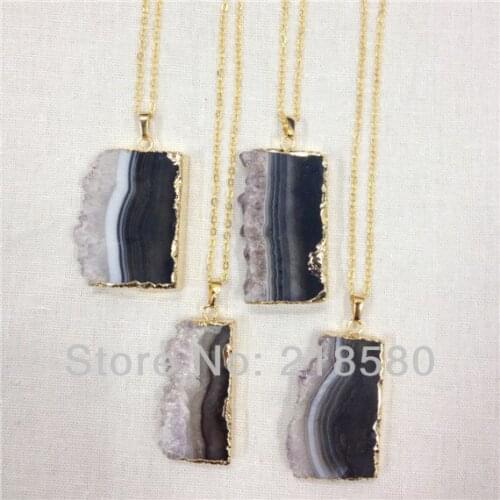 H-QN56 Amethysts Druzy Slice Pendant Necklace Gold Chain Ladies Necklace 18 inch