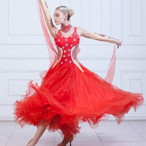 Lady Red Ballroom Dance Dress Modern Women Standard Dancing Costume Women Competition Suit Waltz Dance Dress Plus Size B-6202