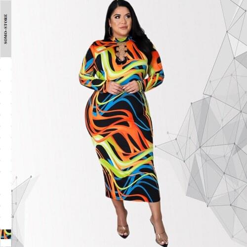 3xl 4xl Womens Dress Plus Size Tight Sexy Hollow Out Round Neck Long Sleeved Zipper Printed Midi Dresses Wholesale Dropshipping