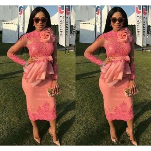 2018 African Long Sleeves Mother of the Bride Dresses Lace Appliques Sash Bow Tea Length Peach Wedding Guest Prom Evening gowns