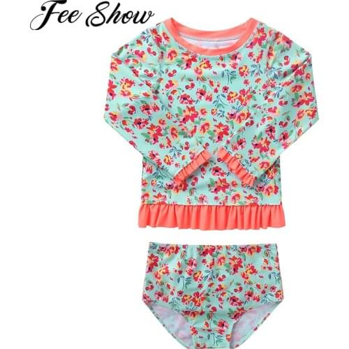 2021 Kids Girls Two Piece Swimwear Swimsuit Set Long Sleeve Ruffle Rashguard Bikini Panties Beachwear Bathing Swimming Suit