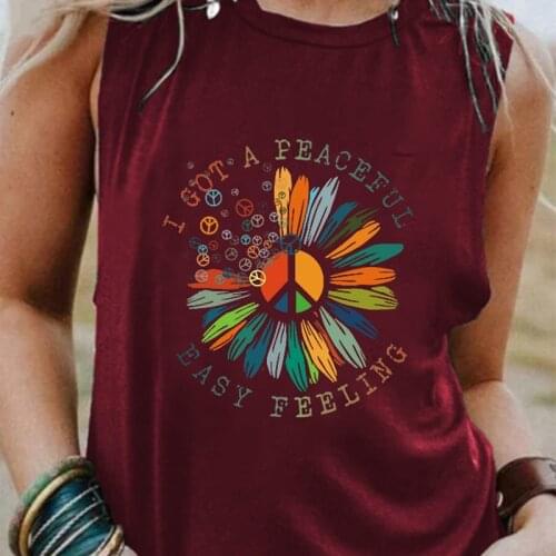 2021 Summer I Got A Peaceful Easy Feeling Letter Colorful Flowers Print Tshirt Women Fashion Sleeveless T-shirt O-neck Y2k Top