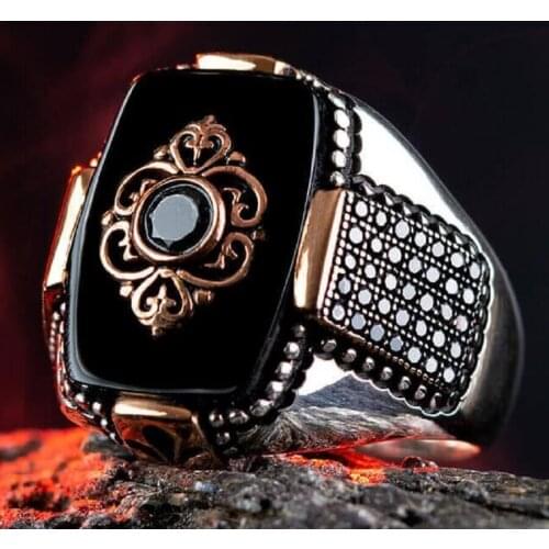 925 Sterling Silver Mini Stone Engraved Black Onyx Stone Mens Ring Rectangular Exclusive Ring for Men with Onyx Gemstone