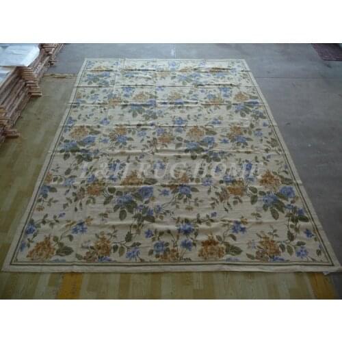 Free shipping 9'x12' handmade woolen rug, needlepoint woolen carpet, 100% New Zealand Wool with golden blue florals high quality
