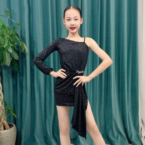 Girls Latin Dance Dress Children Professional Oblique Shoulder Sling Latin Dance Practice Dress Latin Performance Clothes DQS644