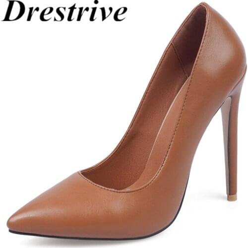 Drestrive PU Leathe Women Pumps 2021 Summer Classics High Heel Shoes Pointed Toe Office Black Shallow Thin Heels 12 cm Plus Size
