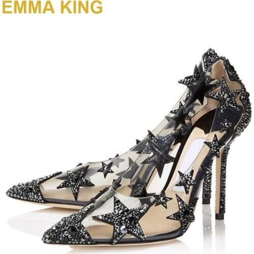 EMMA KING Fashion PVC Rhinestones Stars Pumps Women High Heel Shoes Pointed Toes Slip-On Females Lady Shallow Shoes Party Heels