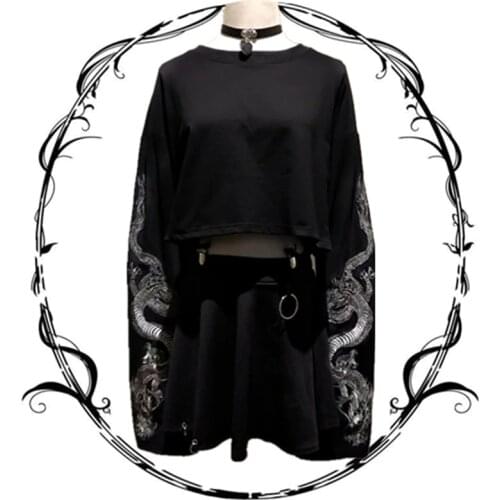 Japanese Harajuku Fashion Women Black Hoodies Dragon Embroidery Crop Tops Casual Streetwear Short Sweatshirt with Strap clip