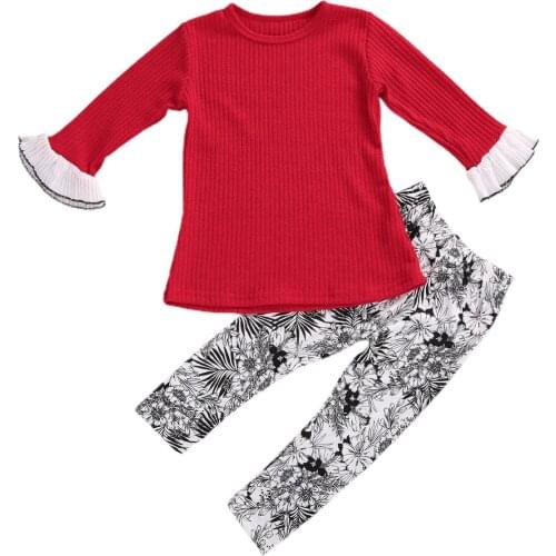 2 Pcs Toddler Baby Girl Christmas Clothes Set, Baby Long Sleeve Round Neck Ribbed Pullover Flower Print Trousers Autumn Outfits