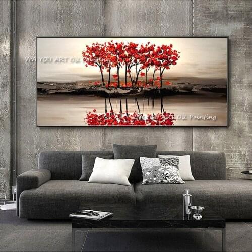 Mintura Hand Painted Red Tree Oil Painting Landscape Wall Paintings Art Canvas Mural Pictures For Living Room Home Decoration