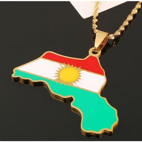 Stainless Steel Trendy Kurdistan Map Pendant Necklaces Kurdish Flag Chain Jewelry for Women