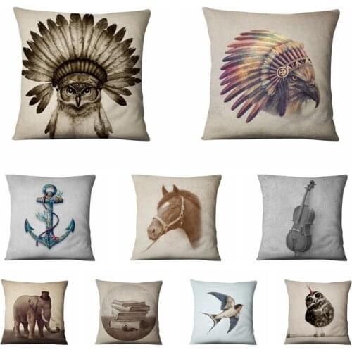 Retro American Printed Pillowcase Owl Horse Cushion Decorative Pillow Home Decor Sofa Throw Pillows Almofadas Decorativas