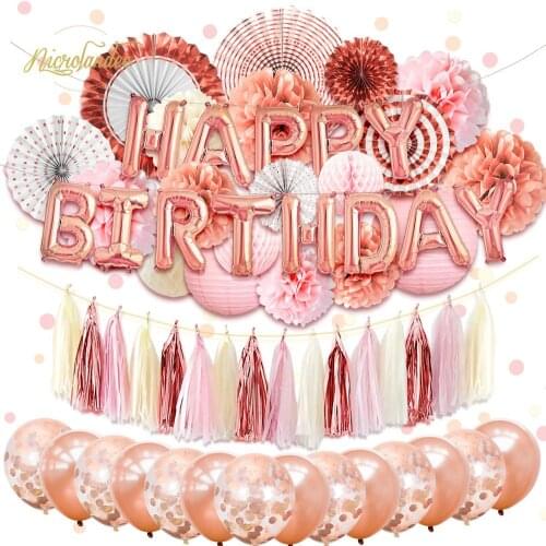 NICROLANDEE 62 pcs/set Happy Birthday Party Decorations Kit Rose Gold Lanterns Flowers Balloons Home Decoration Party DIY