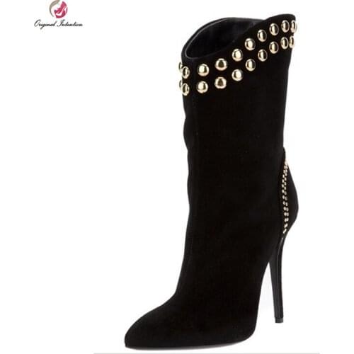 Original Intention New Women Boots Faux Suede Rivets Pointed Toe High Heels Boots Elegant Black Shoes Woman Plus Size 4-15