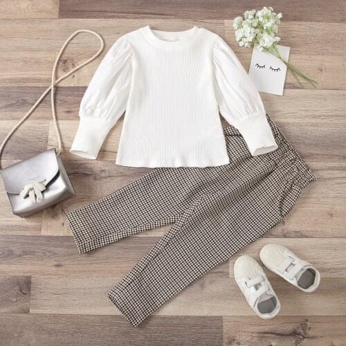 2-6Years Autumn Infant Kid Girls Clothes Sets Solid Lantern Long Sleeve Tops+Plaid Printed Trousers Pants