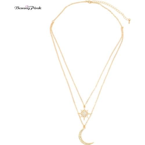 Banny Pink Full Rhinestone Crystal Moon Crescent Star Pendant Choker Necklace For Women Double Metal Clavicle Body Chain Collar
