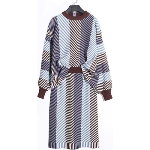 PERHAPS U Women Knit Blue Yellow Brown Crew Neck Long Sleeve Pullover Knee Length Pencil Skirt Two Piece Set Elegant T0029