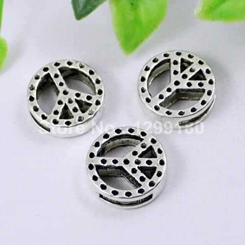 50pcs/lot Silver Tone Slider Peace,for Bracelet Necklace Cord Beads watch Chain Beads DIY Accessory 17mm fit:11x2mm K01212