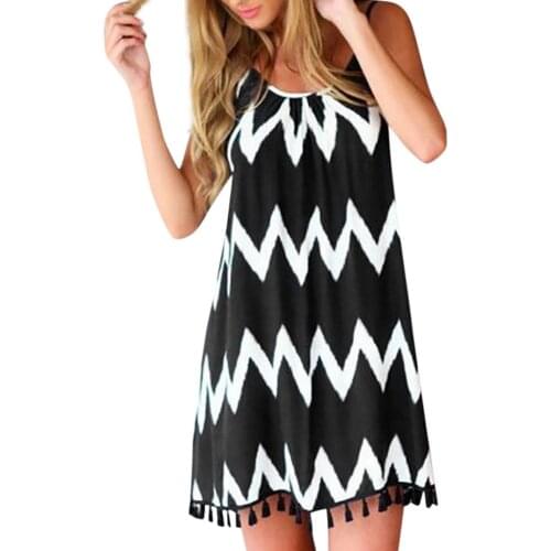 Dresses Wave Pattern Tassel Strap Sleeveless Holiday Dress Round Collar Summer Sexy Bohemian Oversized Summer Above Knee Vestido