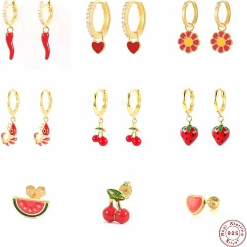 Aide 925 Sterling Silver Red Enamel Series Hoop Earrings Heart Cherry Strawberry Fruit Pendant Circle Earrings Fine Jewelry Gift