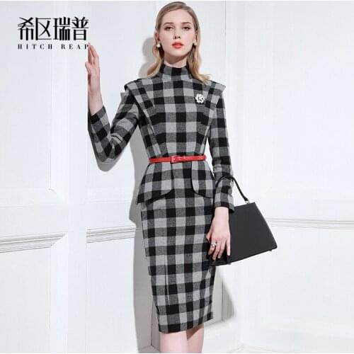 High End Celebrity Temperament Professional Wool Dress WomenS Plaid Fashion Bag Hip Waist Waist Autumn Winter New