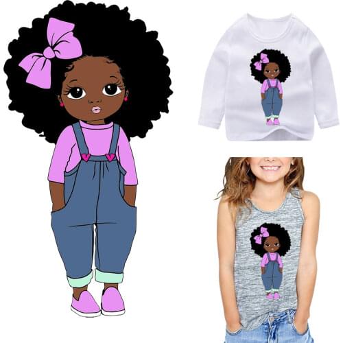 Cute Black Afro Little Girl Patches Iron On Transfer for Clothing Appliques Heat Transfer DIY Decal For T-Shirt Dress Iron Patch