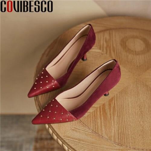 COVIBESCO Office Lady Genuine Leather Women Pumps Rivets Pointed Toe High Heels Spring Shallow Fashion Party Basic Shoes Woman