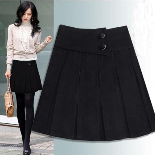 Wool Skirts Winter Womens Fall Autumn Zipper Closed Button Decorated Gray Black S-2XL Woolen Mini Short Pleated Skirt