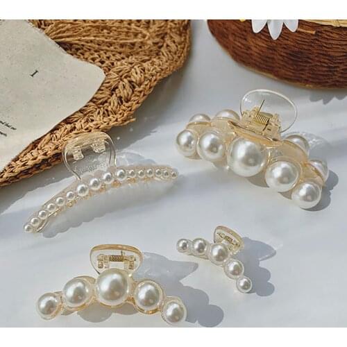 Korean Minimalist Style Hair Clip Barrette Faux Pearls Decor Banana Hair Claw Clip for Women Ponytail Clips Hair Accessories