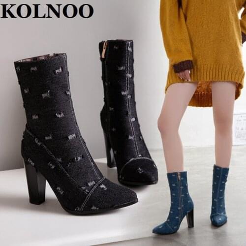 KOLNOO Womens Handmade Chunky Heels Boots Denim Leather Pointed-Toe Party Prom Ankle Booties Evening Casual Fashion Short Shoes