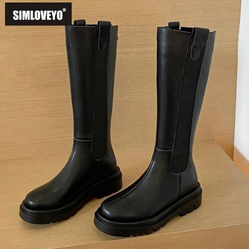 SIMLOVEYO Size 33-43 Slip On Genuine Leather Boots Women Thick High Sole Chelsea British Style Winter Platform Knee High Bootie
