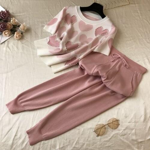Summer Sweet Love Pattern Knitted Women Two Piece Set Short Sleeve O-neck Pearls Pullover Tops And Haren Pants Suit 2 Piece Set