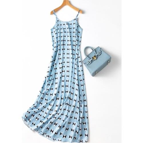 Womens 93% Silk 7% Spandex braces skirt luxury Fashion Heavy slip dress Long Dress Elegant Blue Geometry print L1186